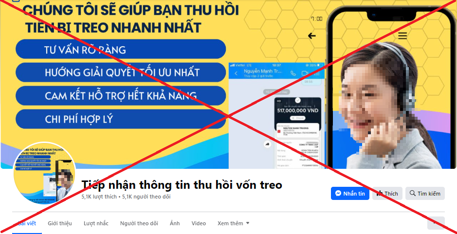 Người dân bị lừa muốn lấy lại tiền đã liên hệ dịch vụ tại các Trang mạng xã hội như thế này và sa bẫy. Ảnh: Bộ Công an