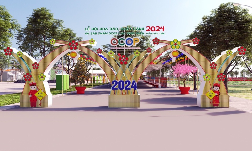 Phối cảnh cổng chào Lễ hội hoa đào, quất cảnh và sản phẩm OCOP các vùng miền Xuân Giáp Thìn 2024.