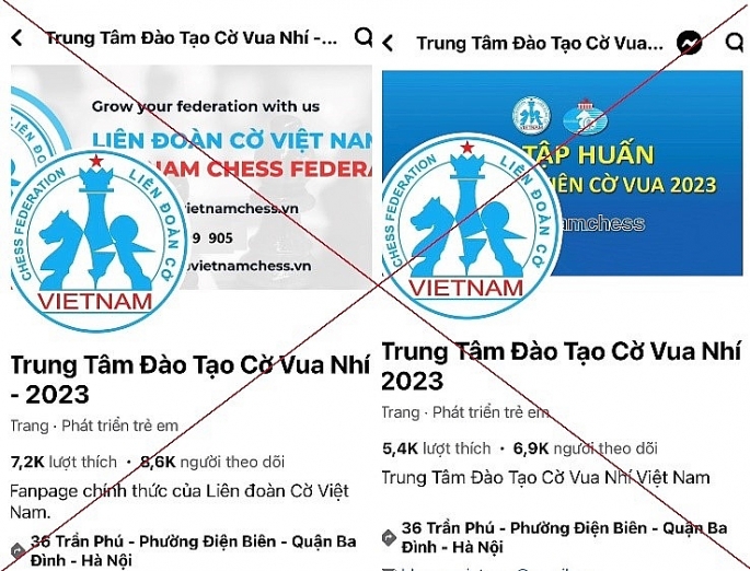 Các fanpage giả mạo “Trung tâm Đào tạo Cờ vua nhí”. Ảnh: Công an TP Hà Nội