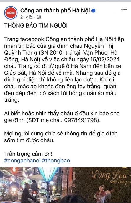 Thông báo tìm người mất liên lạc đăng trên fanpage của CATP Hà Nội.	Ảnh chụp màn hình