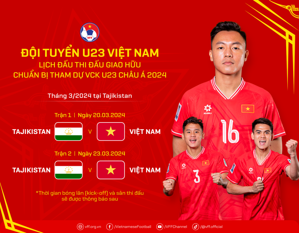 Đội tuyển U23 Việt Nam sẽ có 2 trận giao hữu tại Tajikistan