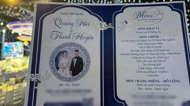 Menu tiệc cưới của Quang Hải - Chu Thanh Huyền tại Đông Anh chiều nay (28/3)
