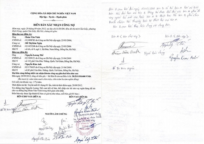 Biên bản xác nhận công nợ có chữ ký của ông Nguyễn Lương Thế. Ảnh: N.M.