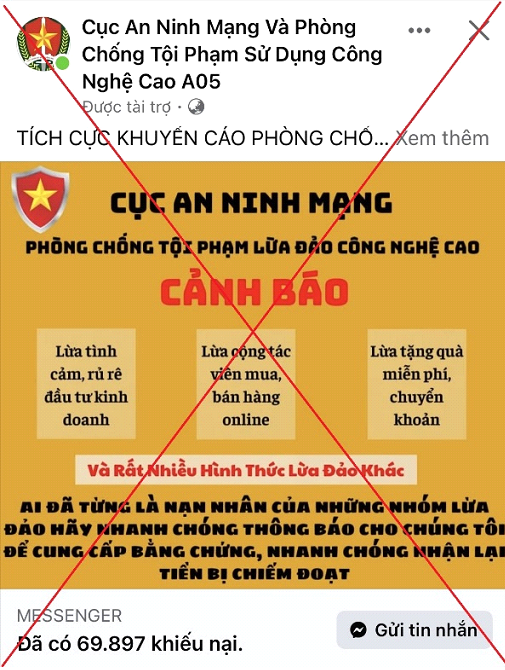 Cảnh giác trước các tài khoản giả danh Cục An ninh mạng và phòng, chống tội phạm sử dụng công nghệ cao. Ảnh: Công an TP Hà Nội