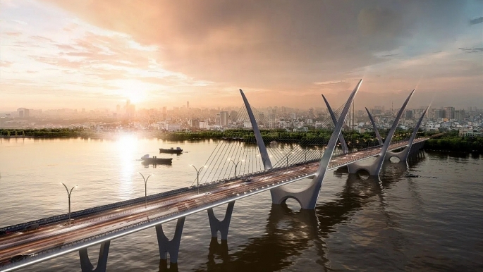Theo đơn vị thiết kế, cầu Thượng Cát được thiết kế vừa hài hòa ẩn mình trong hệ sinh thái của sông Hồng vừa mang tính biểu tượng toàn cầu. Ảnh: Đơn vị thiết kế