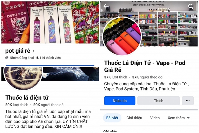 Hàng loạt trang fanpage trên Facebook quảng cáo, mua bán thuốc lá điện tử thu hút hàng nghìn thành viên tham gia.           Ảnh: Duy Linh