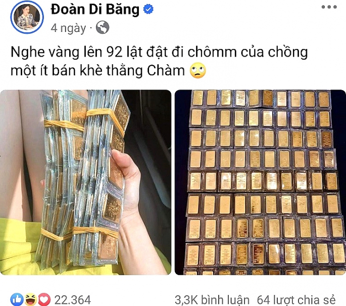 Ảnh đăng trên facebook của Đoàn Di Băng về việc cô đi bán 100 cây vàng                    Ảnh chụp từ facebook nhân vật