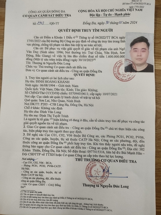 Truy tìm Đinh Hoàng Khánh liên quan đến vụ lừa đảo 1,6 tỷ đồng