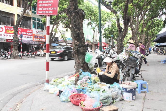 Người bán hàng phớt lờ biển cấm bán hàng rong tại phố Trần Phú (quận Ba Đình ). Ảnh: Trịnh Thanh Phi