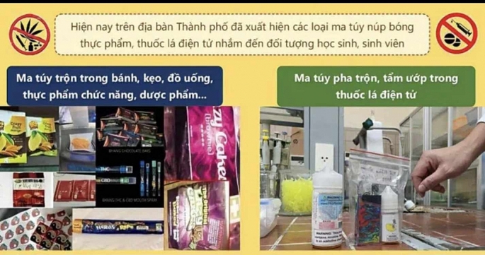 Công an Thành phố Hồ Chí Minh cảnh báo ma túy trộn trong thực phẩm chức năng và thuốc lá điện tử. Ảnh CA