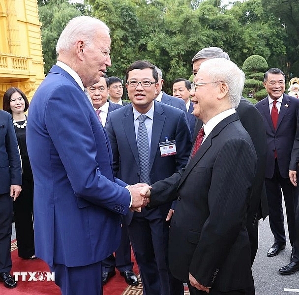 Tổng Bí thư Nguyễn Phú Trọng đón Tổng thống Hoa Kỳ Joe Biden thăm cấp Nhà nước tới Việt Nam từ ngày 10 đến ngày 11.9.2023. Ảnh: Trí Dũng/TTXVN