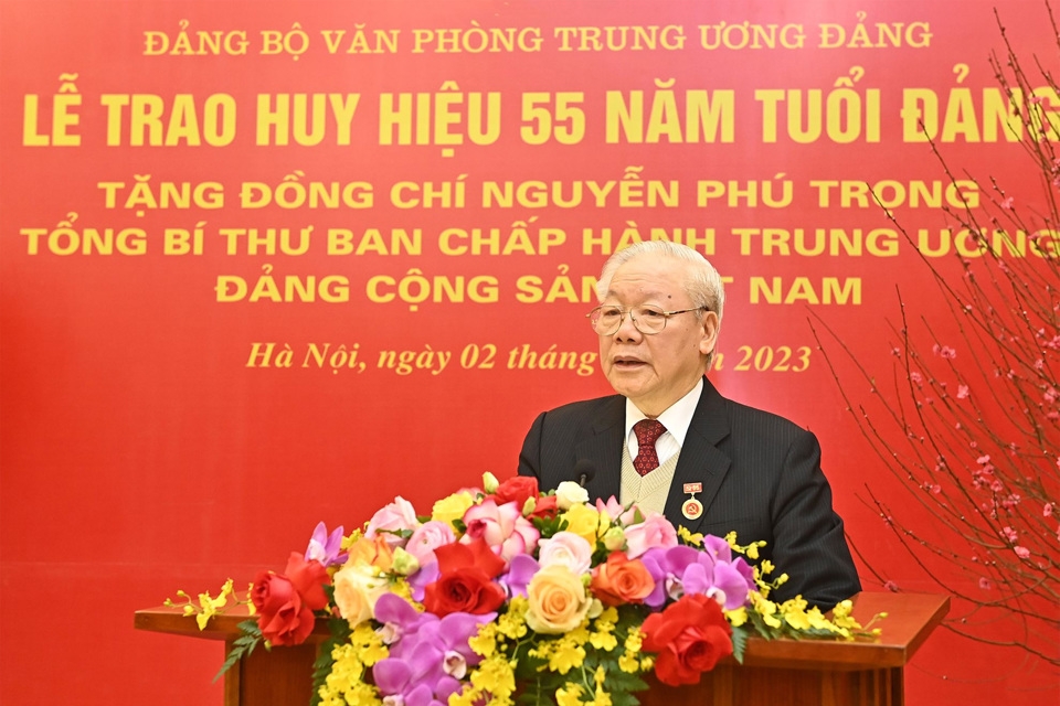Tổng Bí thư Nguyễn Phú Trọng phát biểu tại Lễ trao Huy hiệu 55 năm tuổi Đảng. Ảnh: Báo Nhân Dân