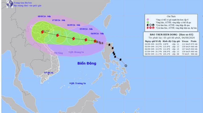 Vị trí và hướng di chuyển của bão số 3. (Nguồn:nchmf.gov.vn)