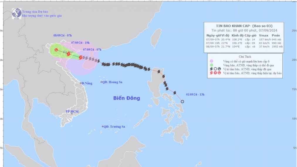 Bão số 3 giật cấp 17, cách Quảng Ninh - Thái Bình khoảng 150km