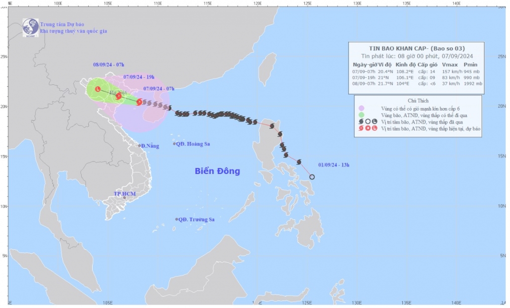 Vị trí và đường đi của cơn bão. Ảnh: NCHMF