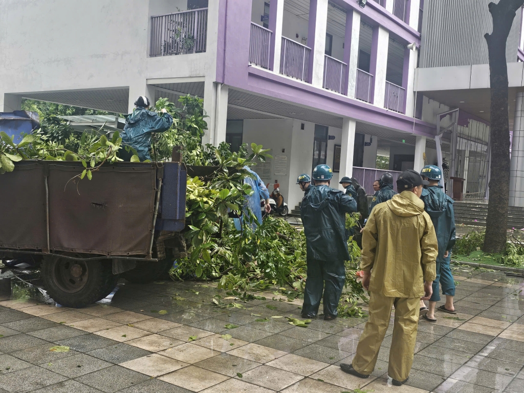 Lực lượng dân quân tự vệ phường Nhật Tân luôn chủ động khắc phục nhanh chóng hậu quả do bão để lại ngay từ khi bão số 3 vừa đổ bộ