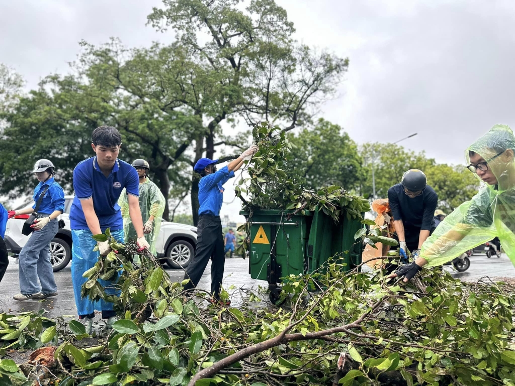 Thanh niên Thủ đô hỗ trợ các lực lượng chức năng dọn dẹp cây đổ, vệ sinh môi trường