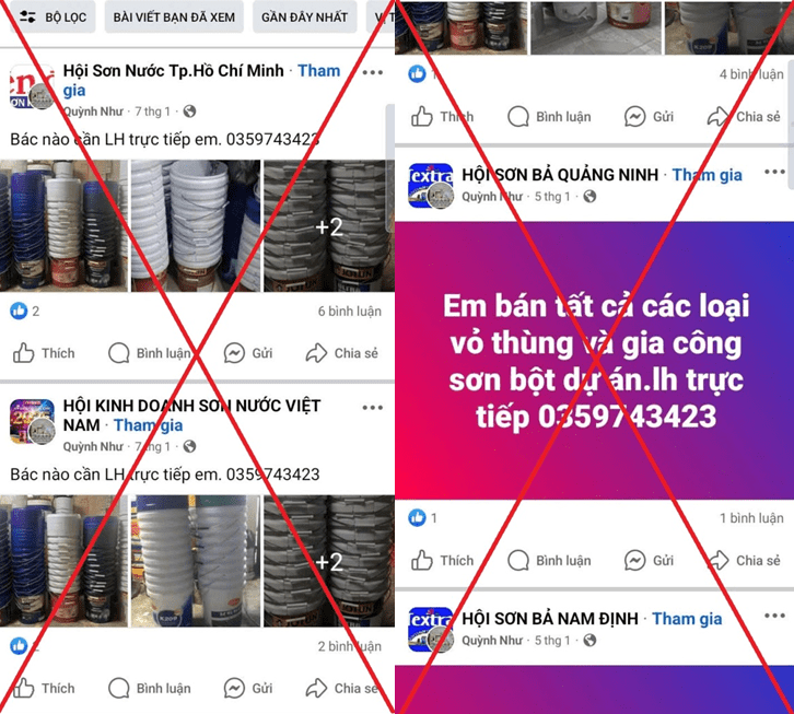 Các bài đăng rao bán sơn, vỏ thùng sơn trên facebook của đối tượng. Ảnh: CQCA