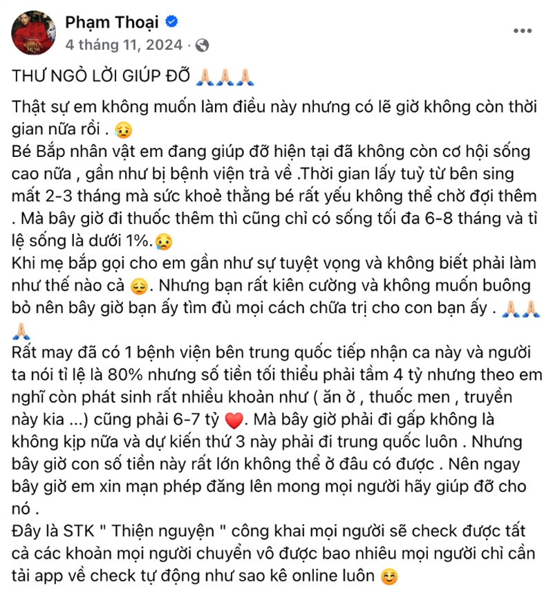 Thư ngỏ của Phạm Thoại kêu gọi quyên góp tiền chữa bệnh cho bé Bắp. Ảnh chụp màn hình