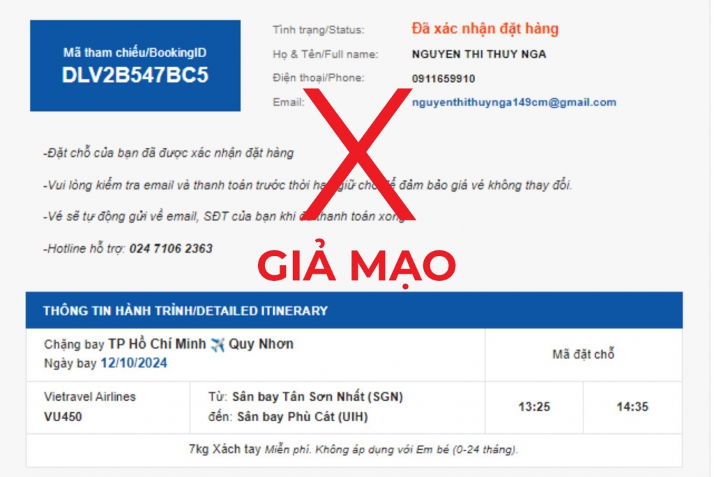 Trang website giả mạo bán vé của Vietravel Airlines. Ảnh: VA