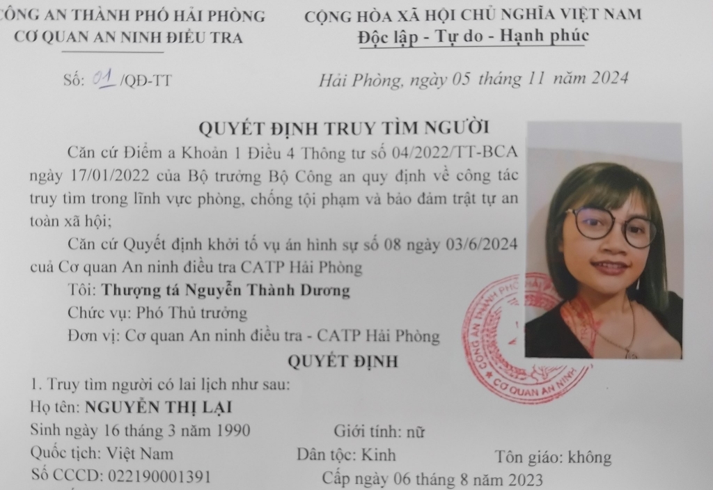 Quyết định truy tìm người của Cơ quan An ninh điều tra Công an thành phố Hải Phòng