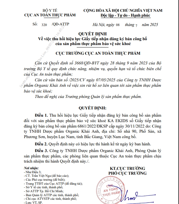 Thu hồi giấy đăng ký công bố sản phẩm của Công ty Nam Sơn và Công ty Khải Anh