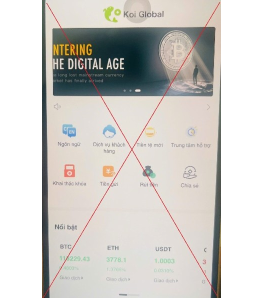 Cảnh báo lừa đảo khi đầu tư tiền ảo qua ứng dụng Koi Global. Ảnh: CQCA