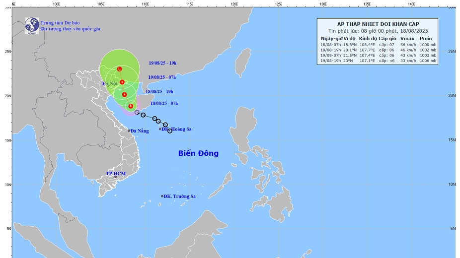 Áp thấp nhiệt đới áp sát vịnh Bắc Bộ, gây mưa lớn, gió mạnh ở Bắc Bộ và Bắc Trung Bộ
