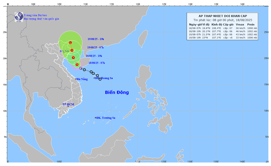 dự báo quỹ đạo và cường độ áp thấp nhiệt đới lúc 08h00 ngày 18/8/2025. Ảnh: Trung tâm Dự báo KTTV quốc gia