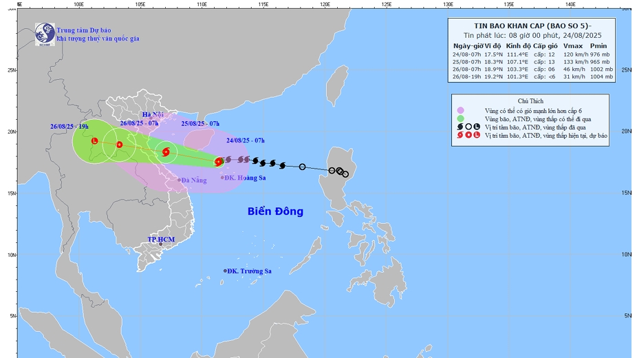 Cập nhật mới nhất hướng di chuyển và sức ảnh hưởng của bão số 5