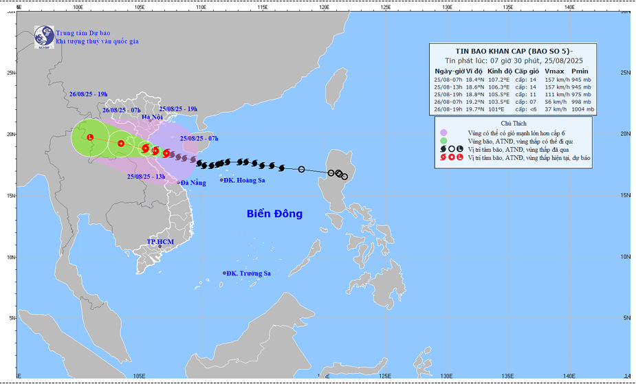 dự báo quỹ đạo và cường độ bão số 5 phát lúc 07h30 ngày 25/8/2025. Ảnh; Trung tâm Dự báo KTTV quốc gia dự báo quỹ đạo và cường độ bão số 5 phát lúc 07h30 ngày 25/8/2025. Ảnh; Trung tâm Dự báo KTTV quốc gia