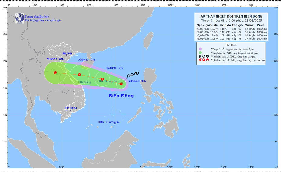  dự báo quỹ đạo và cường độ áp thấp nhiệt đới lúc 08h00 ngày 28/8/2025. Ảnh: Trung tâm Dự báo KTTV quốc gia