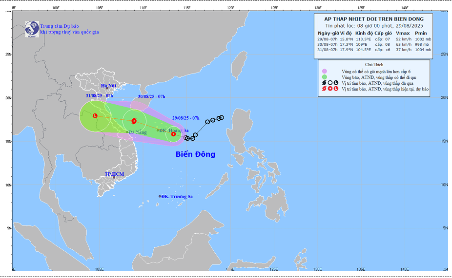 dự báo quỹ đạo và cường độ áp thấp nhiệt đới lúc 08h00 ngày 29/8/2025. Ảnh: Trung tâm Dự báo KTTV quốc gia