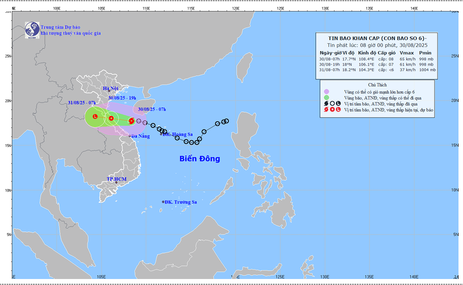 Bản đồ dự báo quỹ đạo và cường độ bão lúc 8h ngày 30/8/2025. Ảnh: Trung tâm Dự báo KTTV quốc gia Bản đồ dự báo quỹ đạo và cường độ bão lúc 8h ngày 30/8/2025. Ảnh: Trung tâm Dự báo KTTV quốc gia