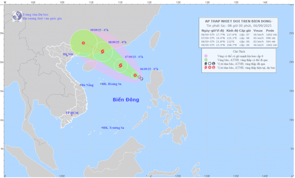 dự báo quỹ đạo và cường độ áp thấp nhiệt đới lúc 8h ngày 6/9/2025. Ảnh: Trung tâm Dự báo KTTV quốc gia
