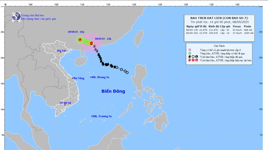 Bão số 7 suy yếu dần khi vào đất liền, Bắc Bộ và vùng ven biển có thể xuất hiện mưa dông
