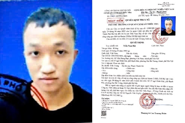 Quyết định đối tượng truy nã Trần Nam Hải. Ảnh: CQCA Quyết định đối tượng truy nã Trần Nam Hải. Ảnh: CQCA