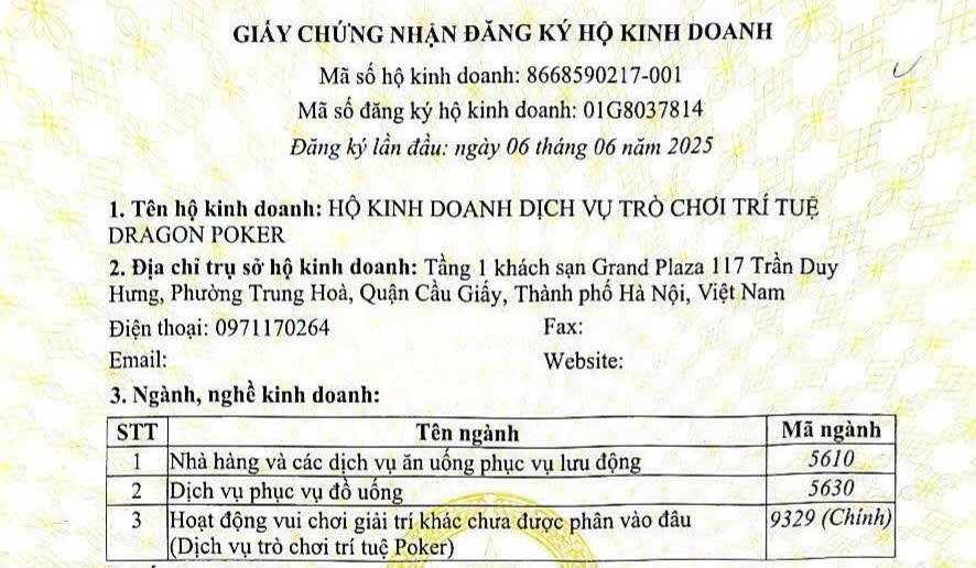 Cấp Giấy chứng nhận đăng ký HKD Dịch vụ trò chơi trí tuệ Dragon poker có 