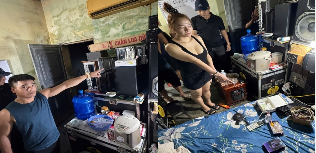 Đối tượng Trần Quang Nam và Chíu Thị Hoa cùng tang vật tại phòng trọ.