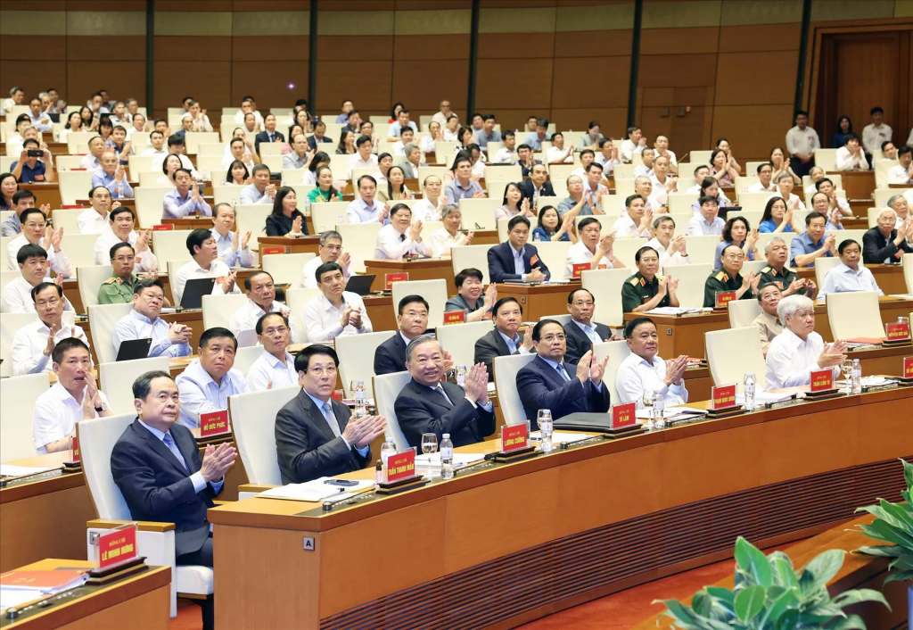 Tổng Bí thư Tô Lâm và các đại biểu tham dự Hội nghị tại điểm cầu Trung ương tại Hội trường Diên Hồng, Nhà Quốc hội, Hà Nội. Ảnh: Thống Nhất – TTXVN