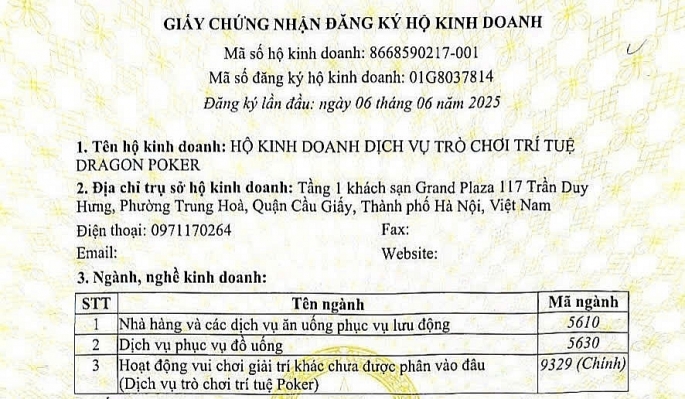 Xem xét thu hồi Giấy chứng nhận đăng ký HKD Dịch vụ trò chơi trí tuệ Dragon poker Kiểm tra, rà soát việc cấp giấy phép hộ kinh doanh “Dịch vụ trò chơi trí tuệ Dragon Poker”
