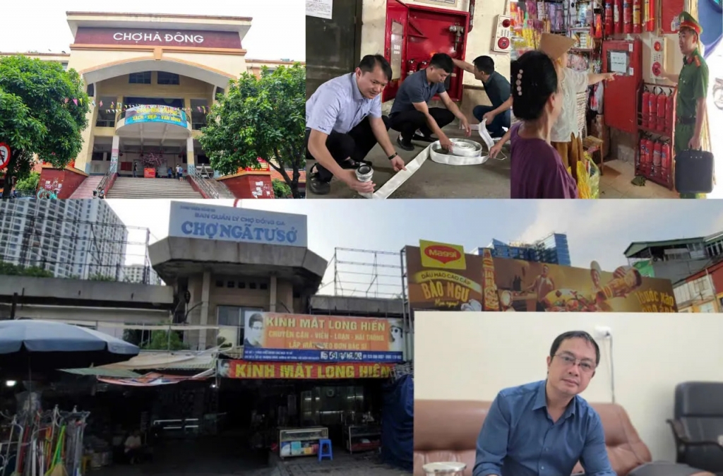 Ban quản lý chợ Hà Đông, lực lượng phòng cháy chữa cháy kiểm tra dụng cụ, phương tiện phòng cháy chữa cháy và tuyên truyền hướng dẫn các tiểu thương tại chợ Hà Đông. Ảnh: Đạt Lê