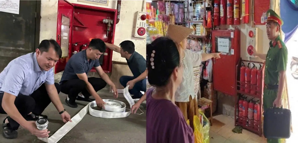 an quản lý chợ Hà Đông, lực lượng phòng cháy chữa cháy kiểm tra dụng cụ, phương tiện phòng cháy chữa cháy và tuyên truyền hướng dẫn các tiểu thương tại chợ Hà Đông. Ảnh: Đạt Lê