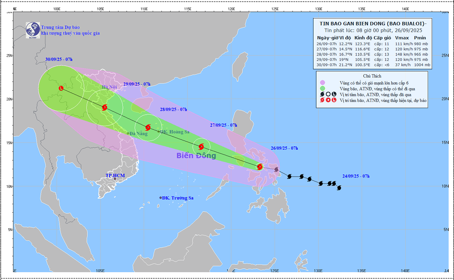  dự báo quỹ đạo và cường độ bão BUALOI phát lúc 08h00 ngày 26/9/2025.