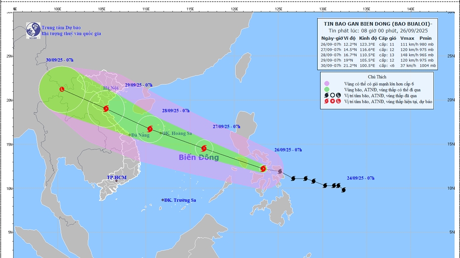 Bão BUALOI gây gió giật cấp 15, nhiều vùng biển nguy hiểm từ chiều 26/9
