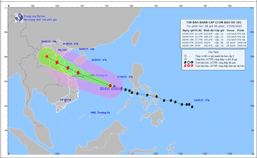  dự báo quỹ đạo và cường độ bão số 10 phát lúc 08h00 ngày 27/9/2025.