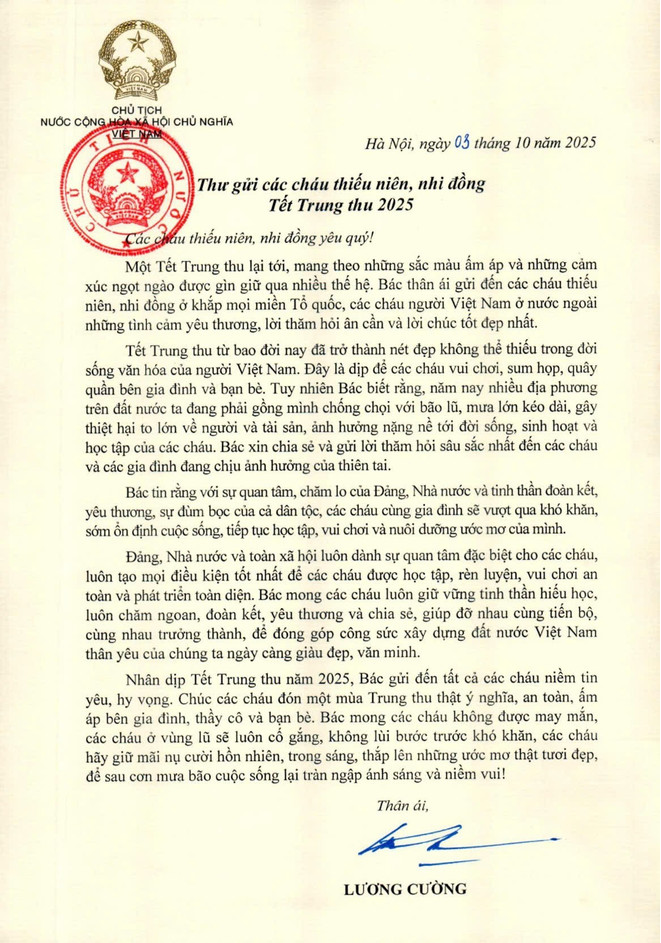 Chủ tịch nước gửi Thư chúc Tết Trung thu 2025 tới các cháu thiếu niên, nhi đồng