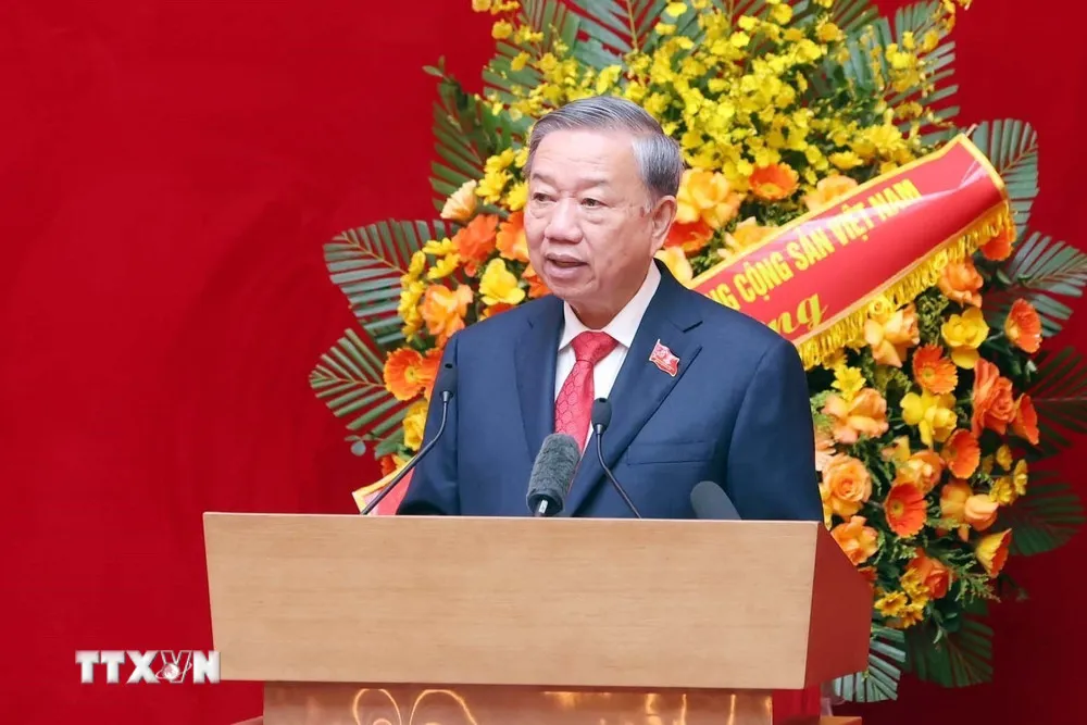 Tổng Bí thư Tô Lâm phát biểu tại Đại hội đại biểu Đảng bộ Công an Trung ương lần thứ VIII, nhiệm kỳ 2025 - 2030. Ảnh: TTXVN