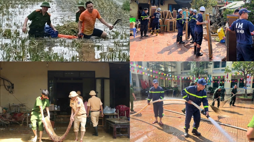 Gần 400 cán bộ, chiến sĩ Công an Hà Nội giúp người dân xã Trung Giã khắc phục sau bão