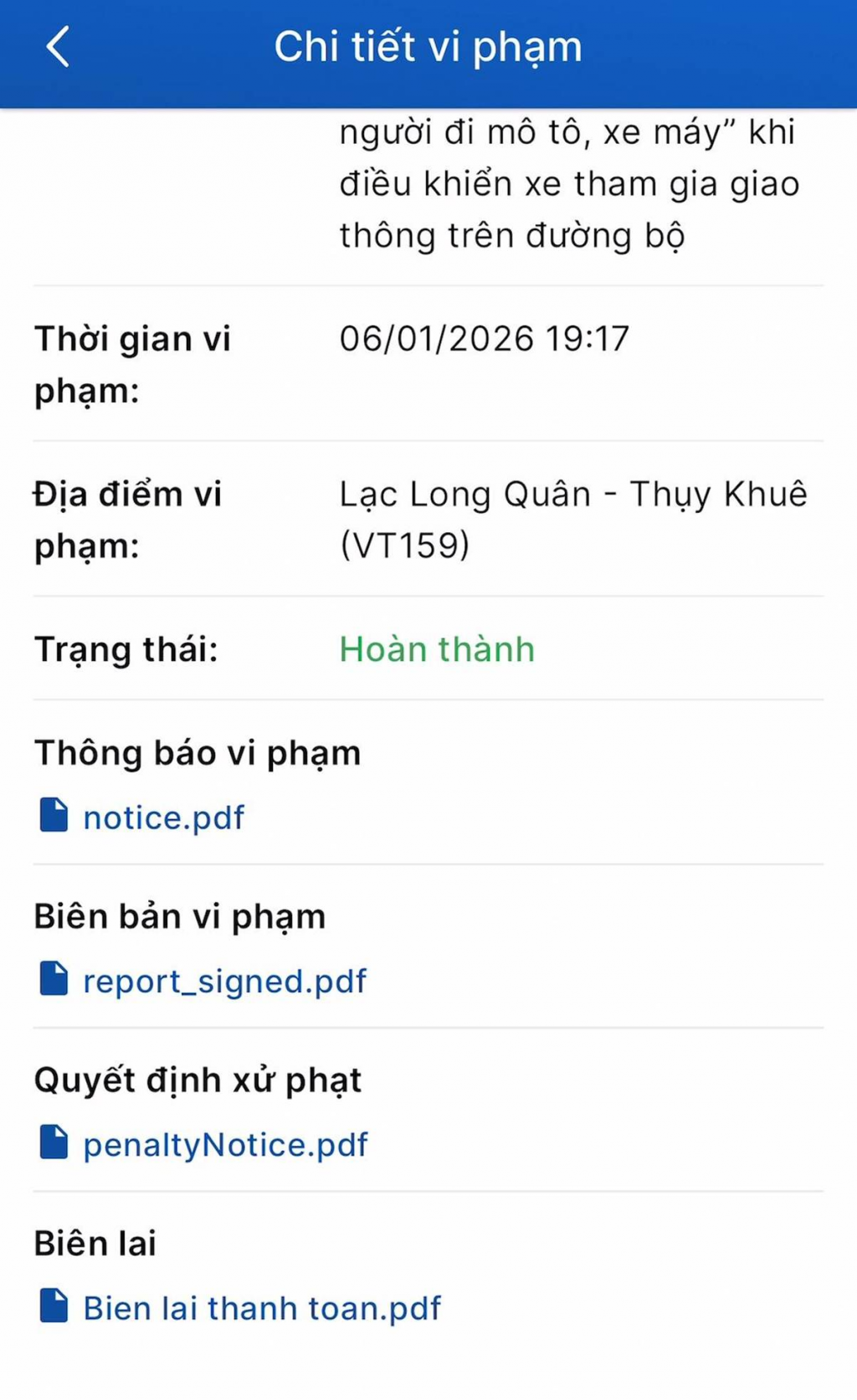 Cơ quan công an xác nhận hoàn thành việc xử phạt vi phạm hành chính.